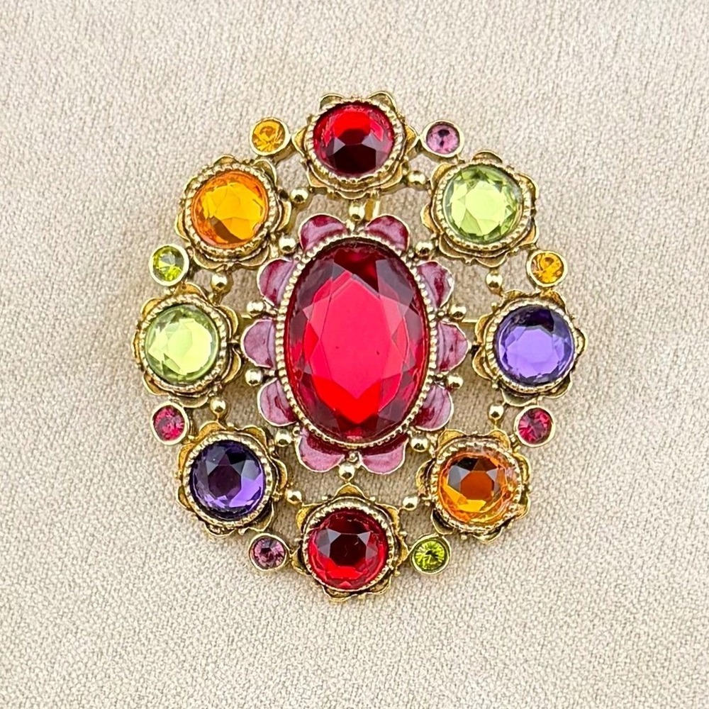 Premier Designs Treasure Brooch Pendant Multi Color Rhinestone Gold Tone Ornate - Picture 3 of 8